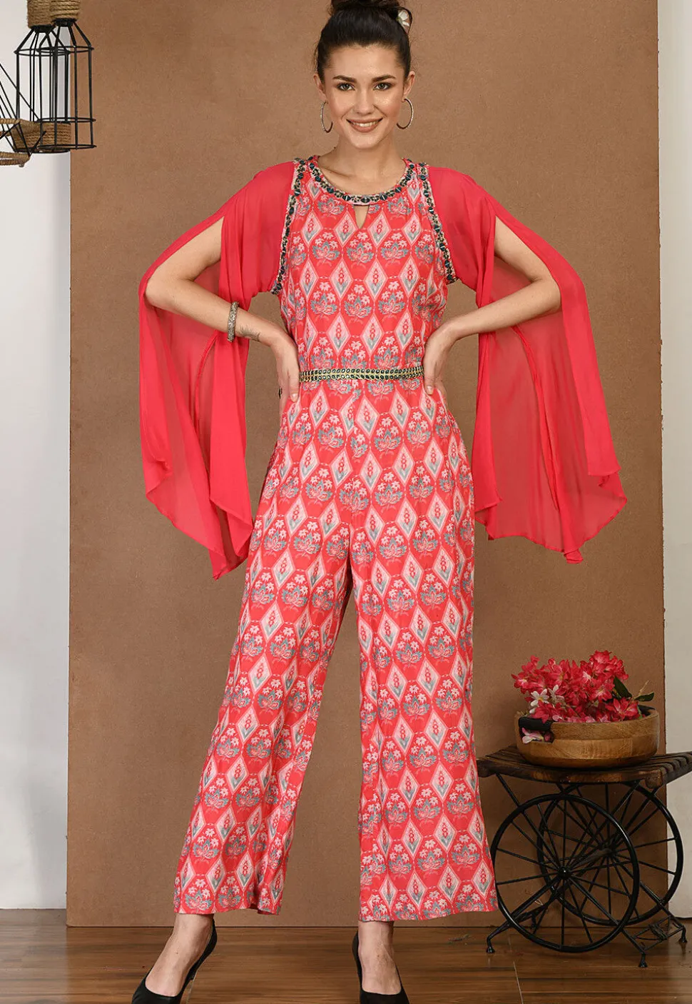 Digital Printed Muslin Silk Jumpsuit in Red
