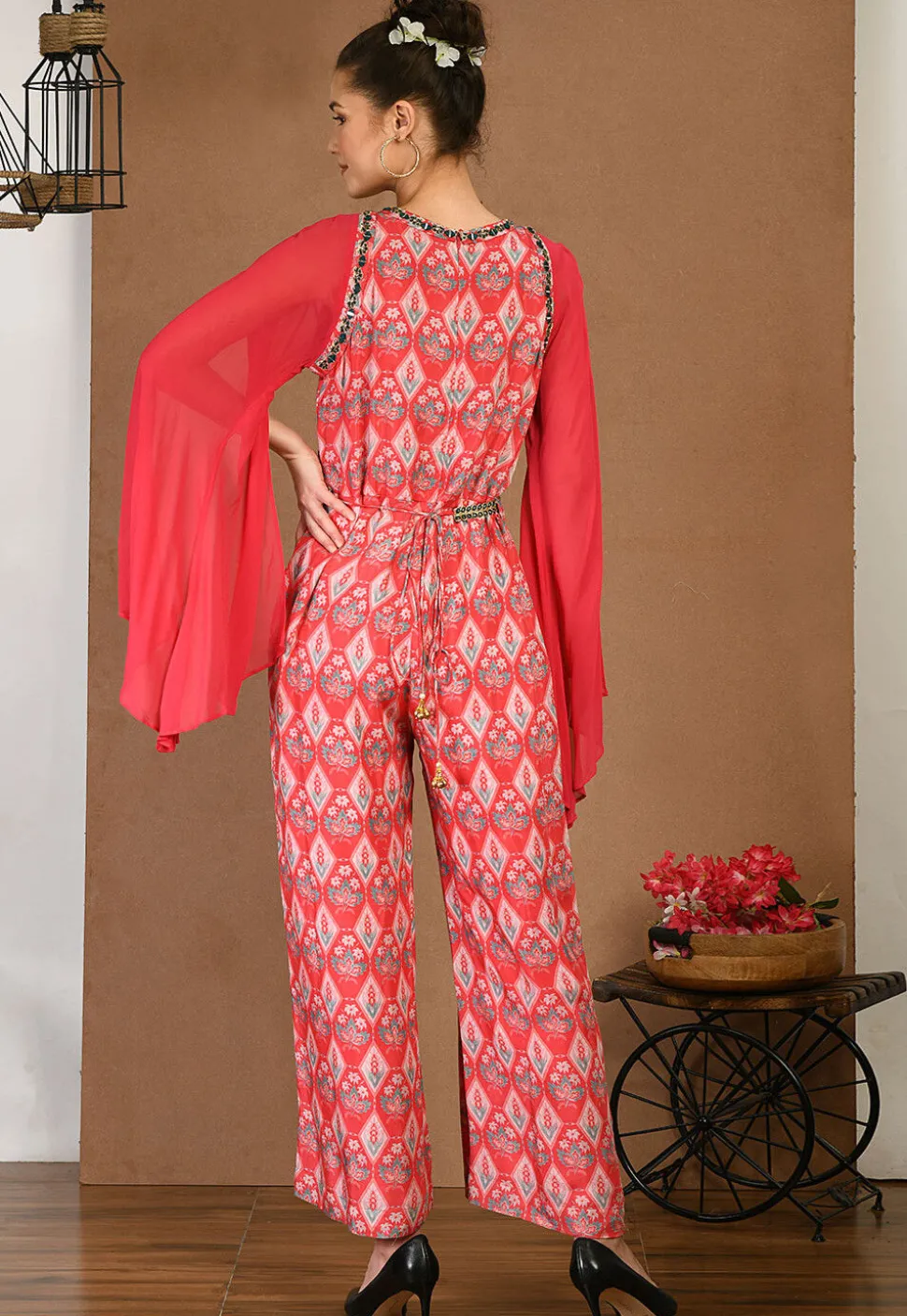 Digital Printed Muslin Silk Jumpsuit in Red