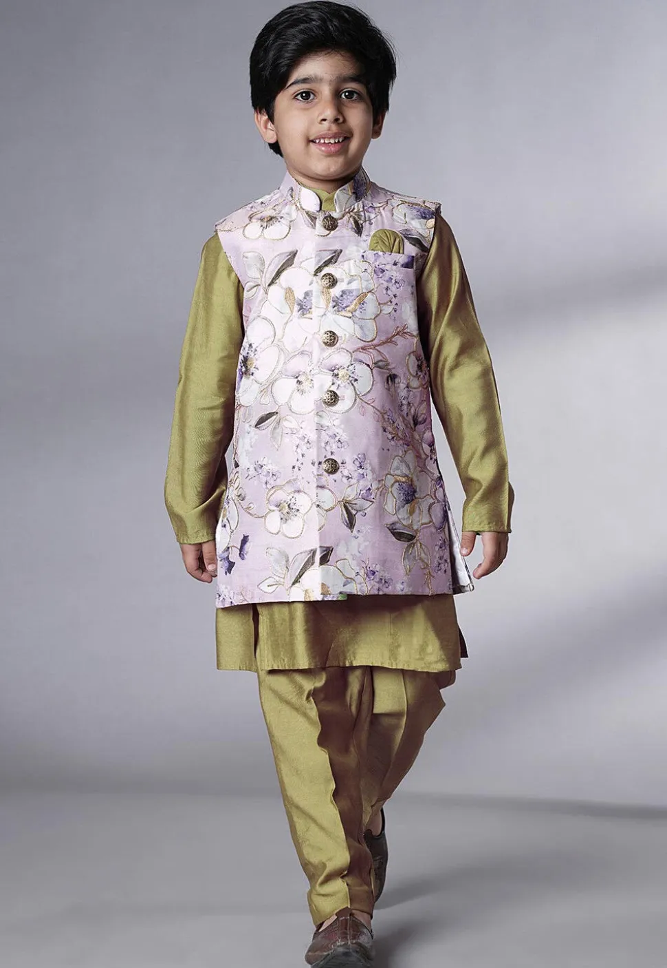 Digital Printed Muslin Silk Kurta Set in Olive Green