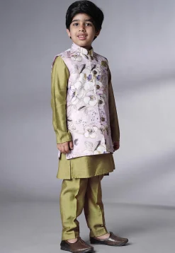 Digital Printed Muslin Silk Kurta Set in Olive Green