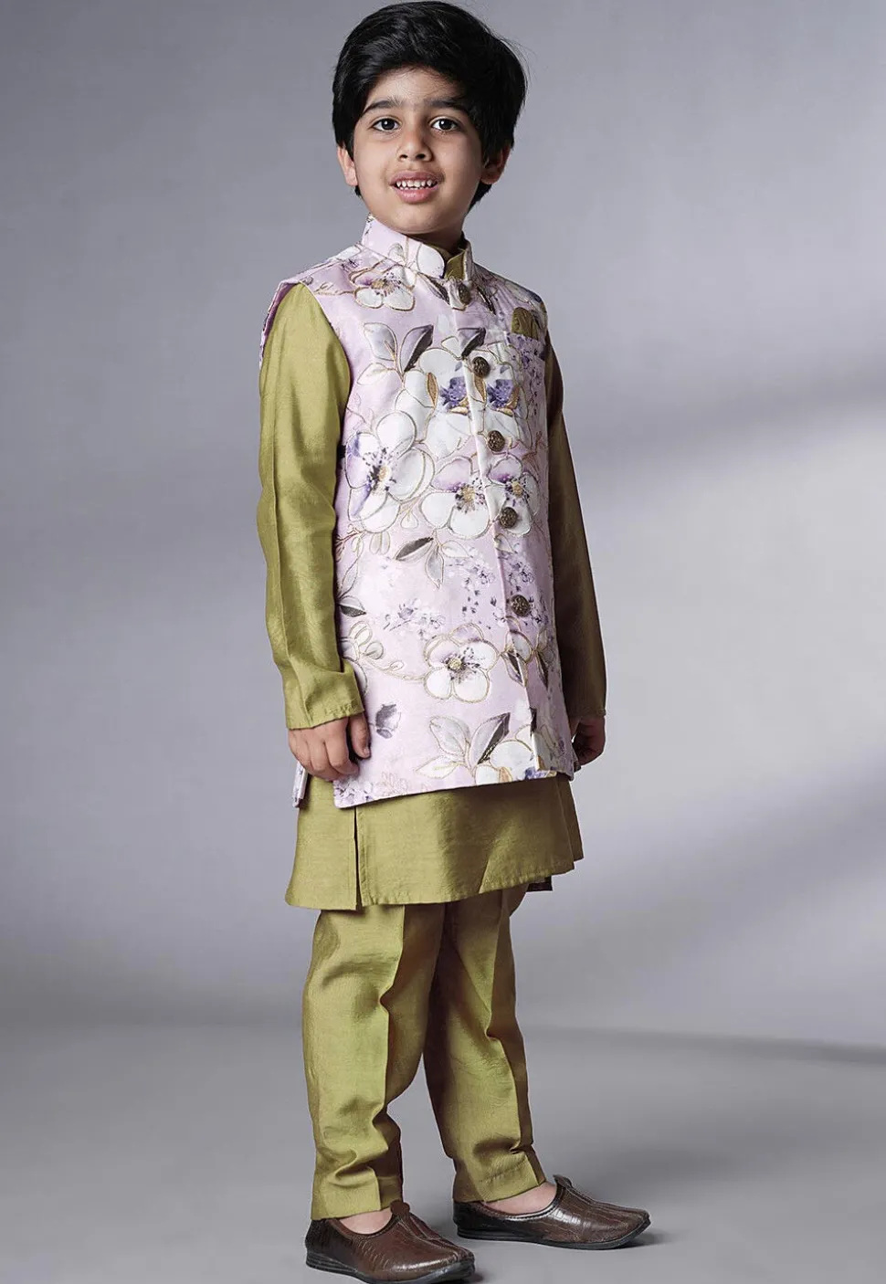 Digital Printed Muslin Silk Kurta Set in Olive Green