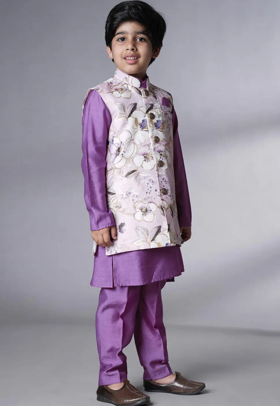 Digital Printed Muslin Silk Kurta Set in Purple