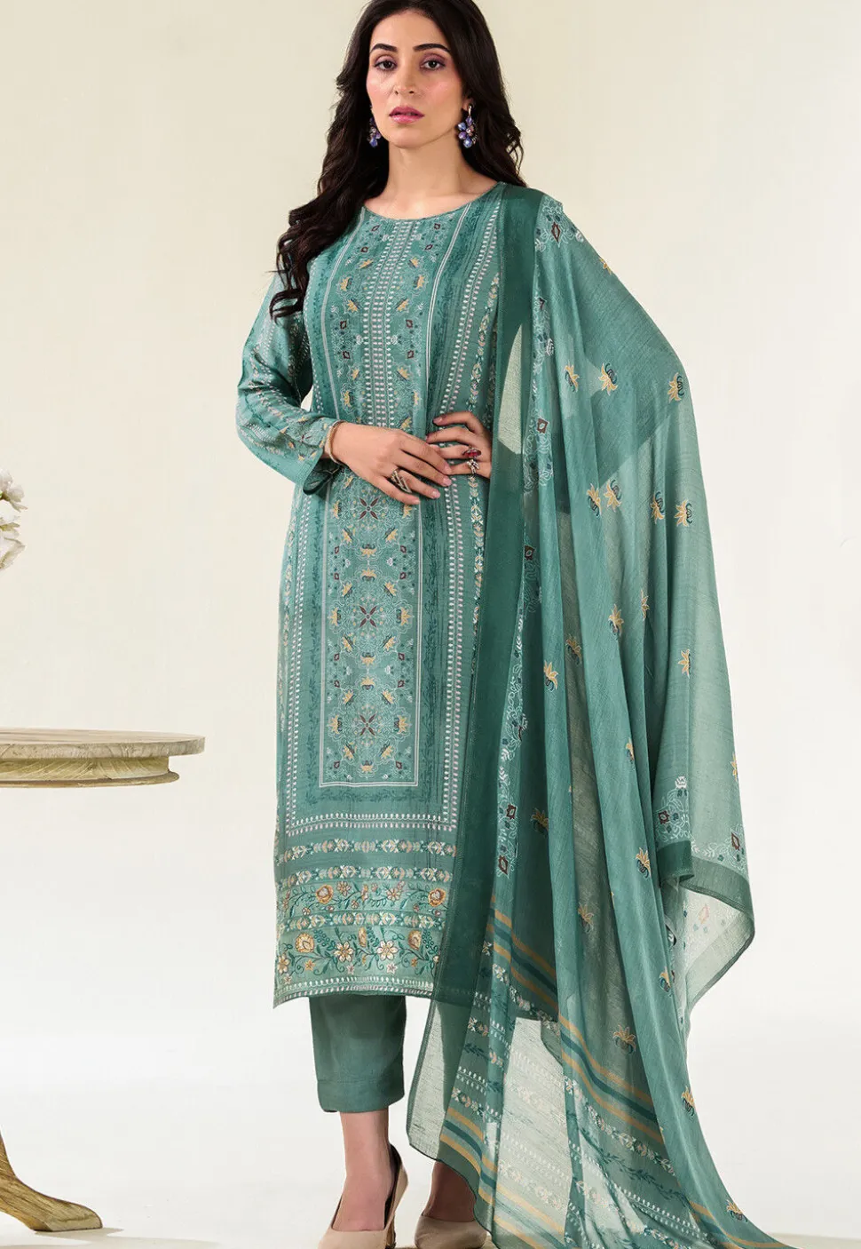 Digital Printed Muslin Silk Pakistani Suit in Green