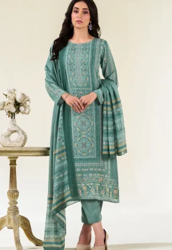 Digital Printed Muslin Silk Pakistani Suit in Green