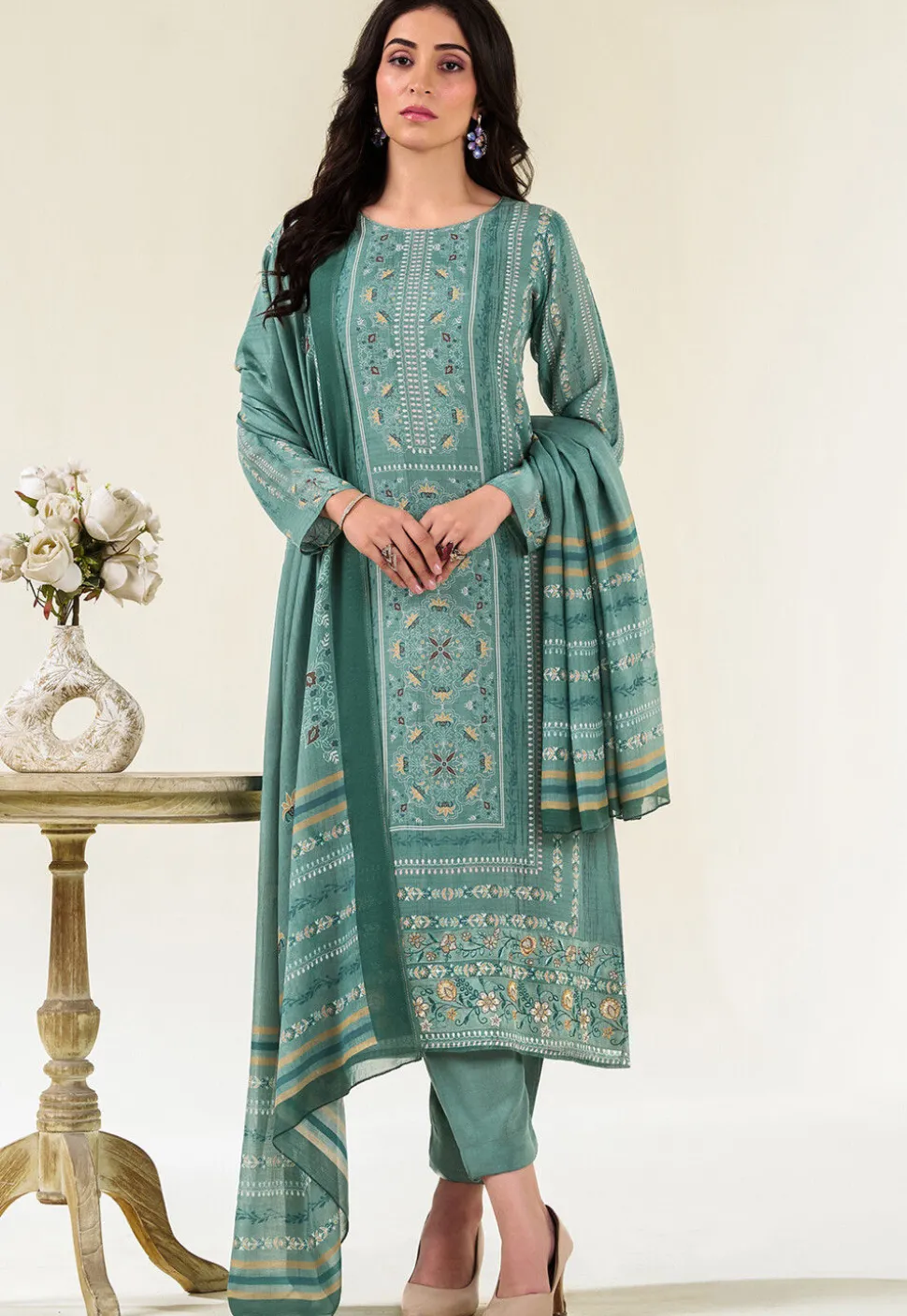 Digital Printed Muslin Silk Pakistani Suit in Green
