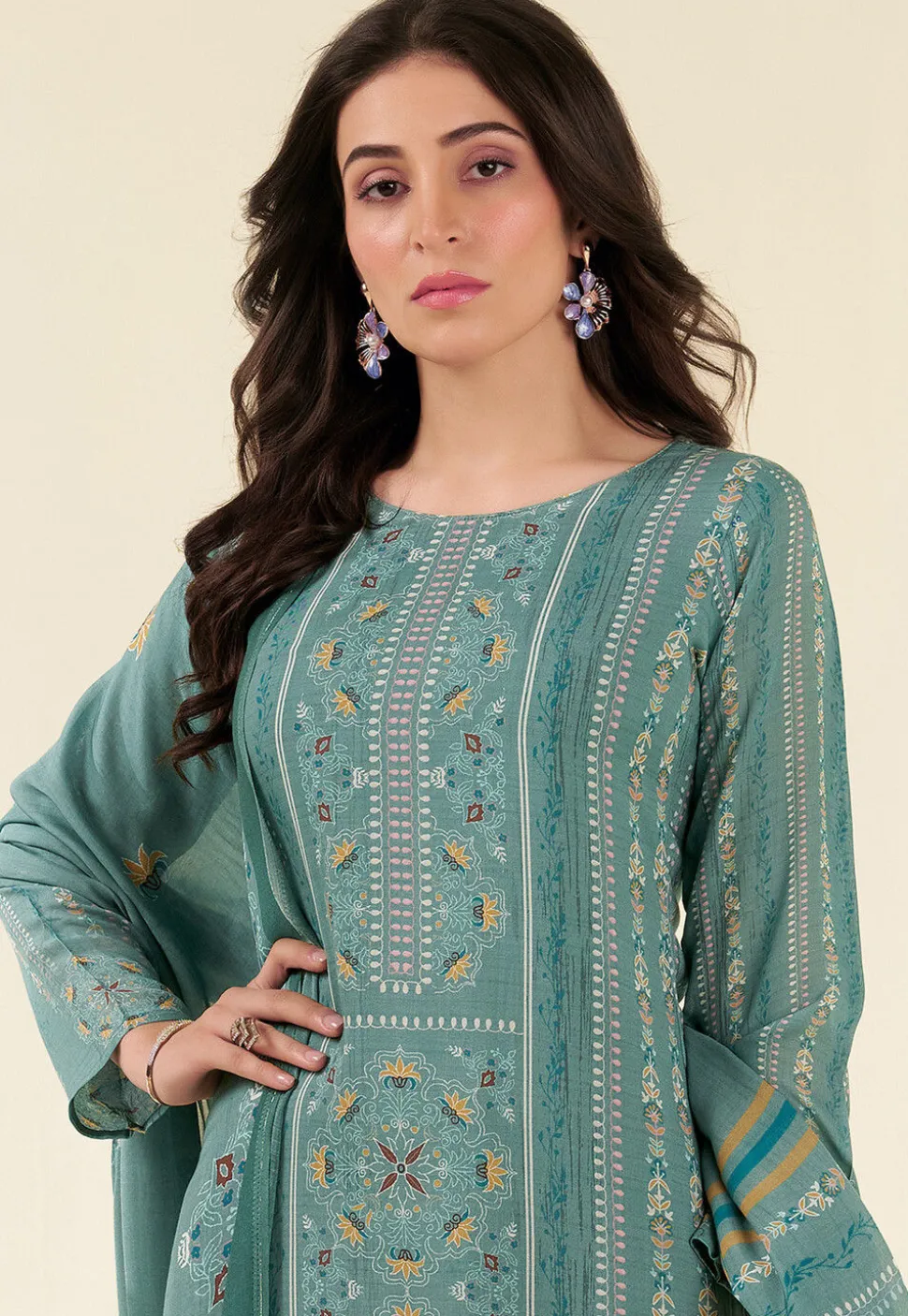 Digital Printed Muslin Silk Pakistani Suit in Green