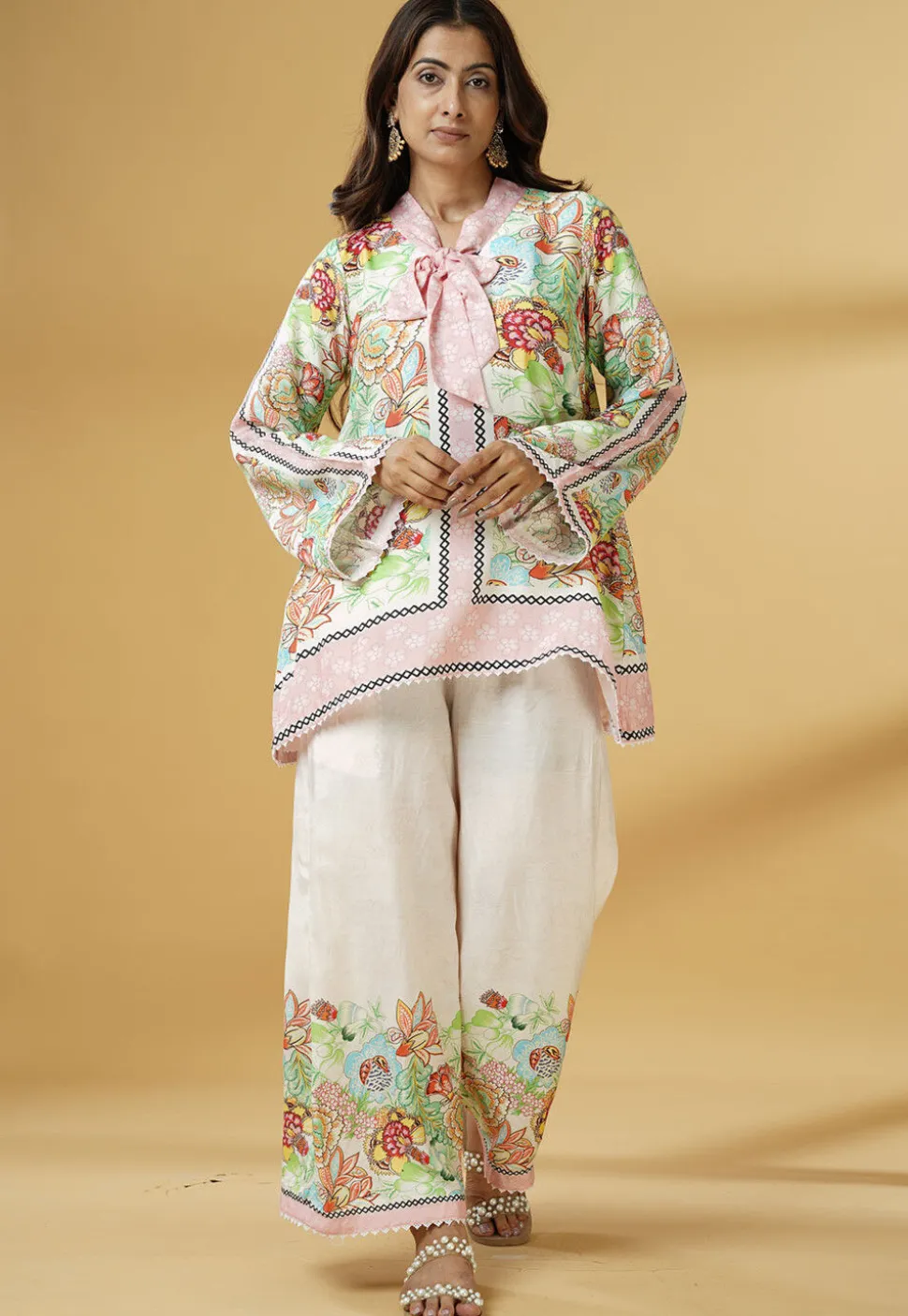 Digital Printed Muslin Silk A Line Tunic Set in Multicolor