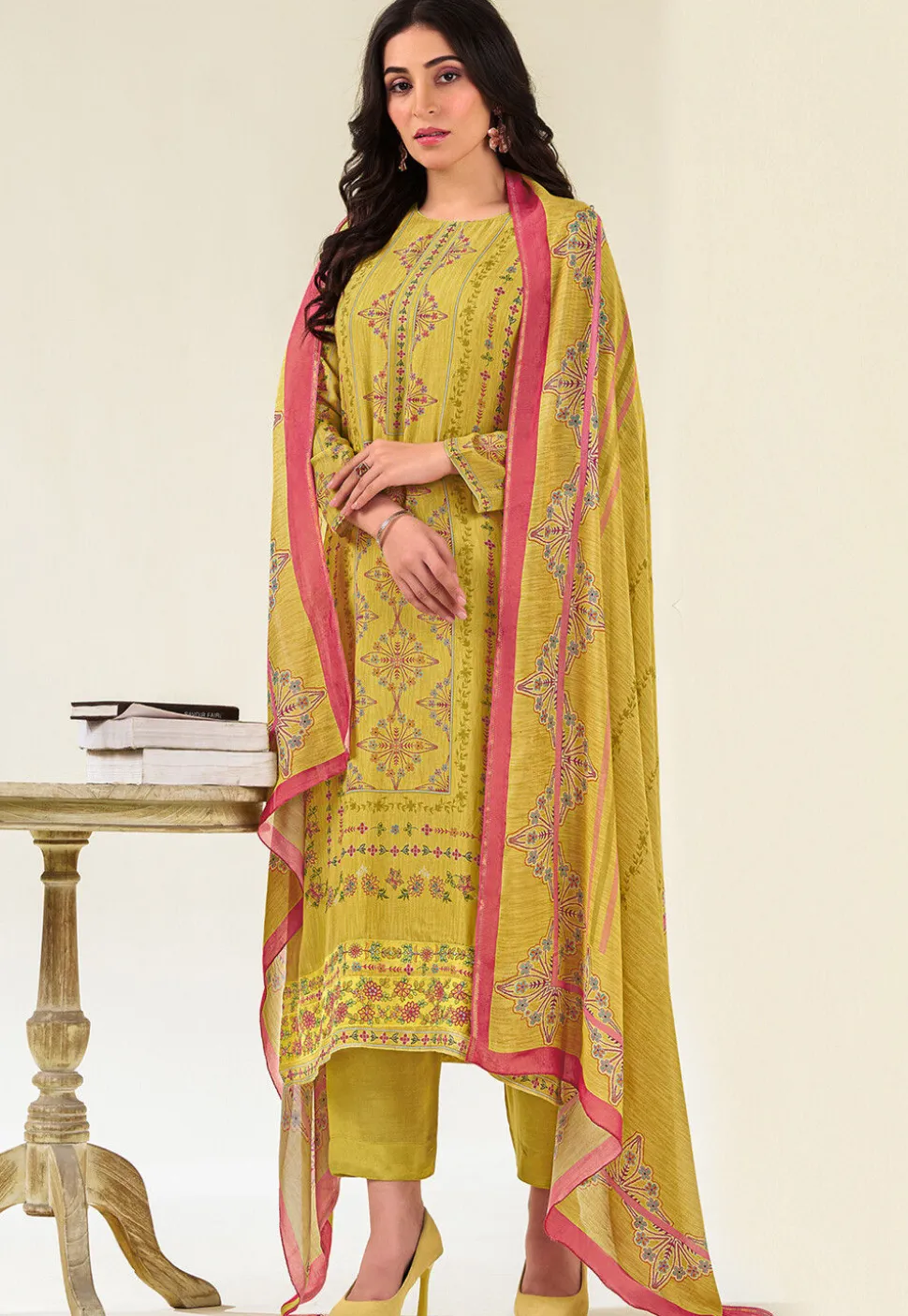 Digital Printed Muslin Silk Pakistani Suit in Yellow