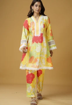 Digital Printed Muslin Silk A Line Kurti Set in Multicolor