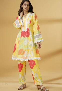Digital Printed Muslin Silk A Line Kurti Set in Multicolor