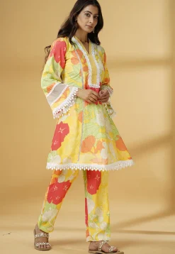 Digital Printed Muslin Silk A Line Kurti Set in Multicolor