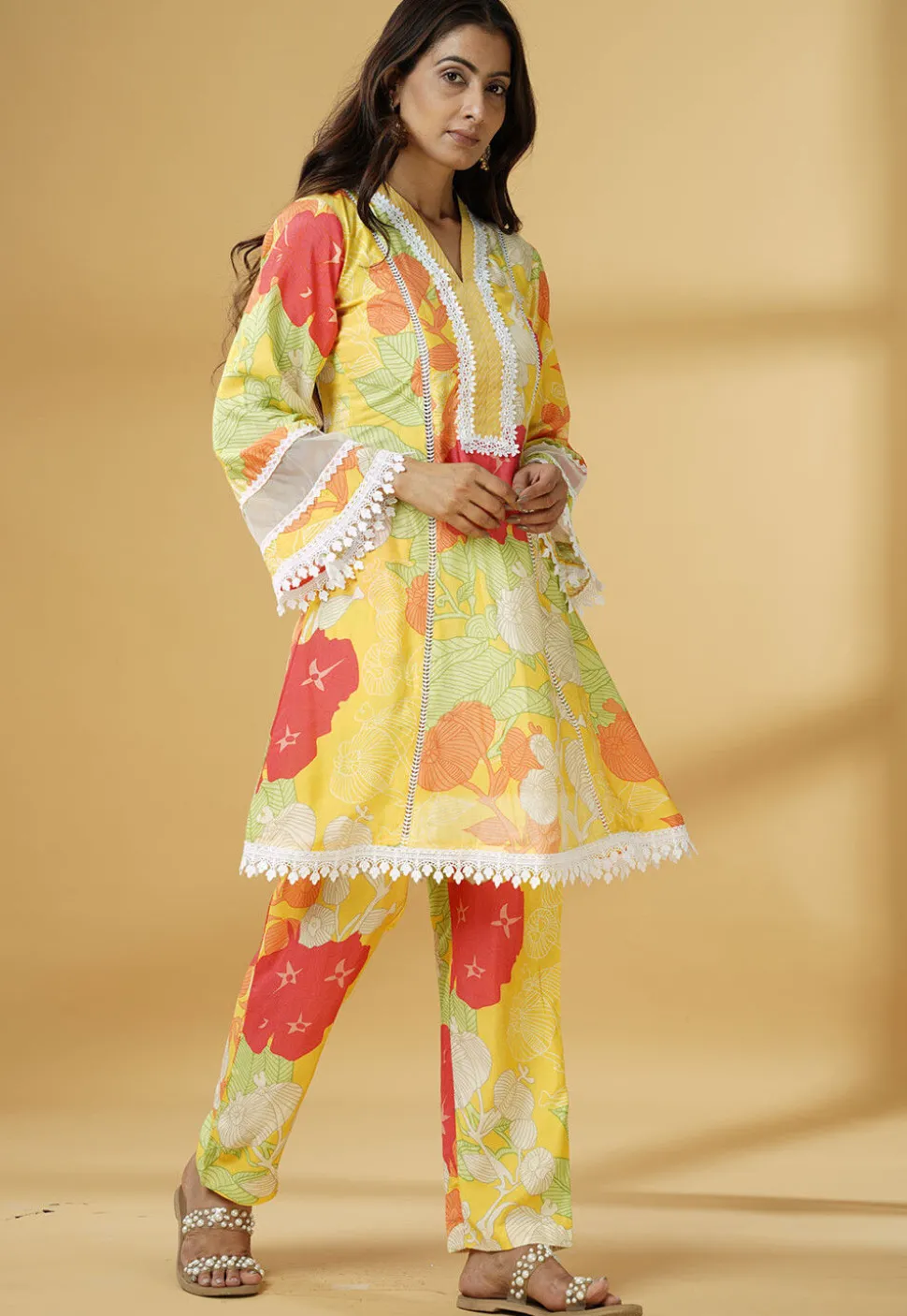 Digital Printed Muslin Silk A Line Kurti Set in Multicolor