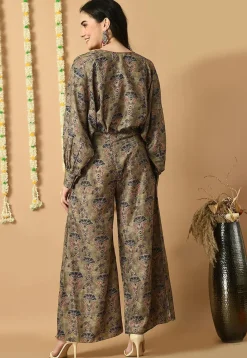 Digital Printed Muslin Silk Crop Top Set in Dusty Green