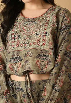 Digital Printed Muslin Silk Crop Top Set in Dusty Green