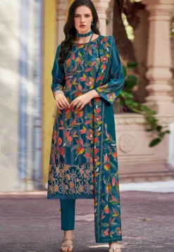 Digital Printed Muslin Silk Pakistani Suit in Teal Blue