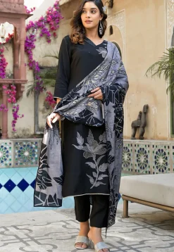 Digital Printed Muslin Silk Pakistani Suit in Black