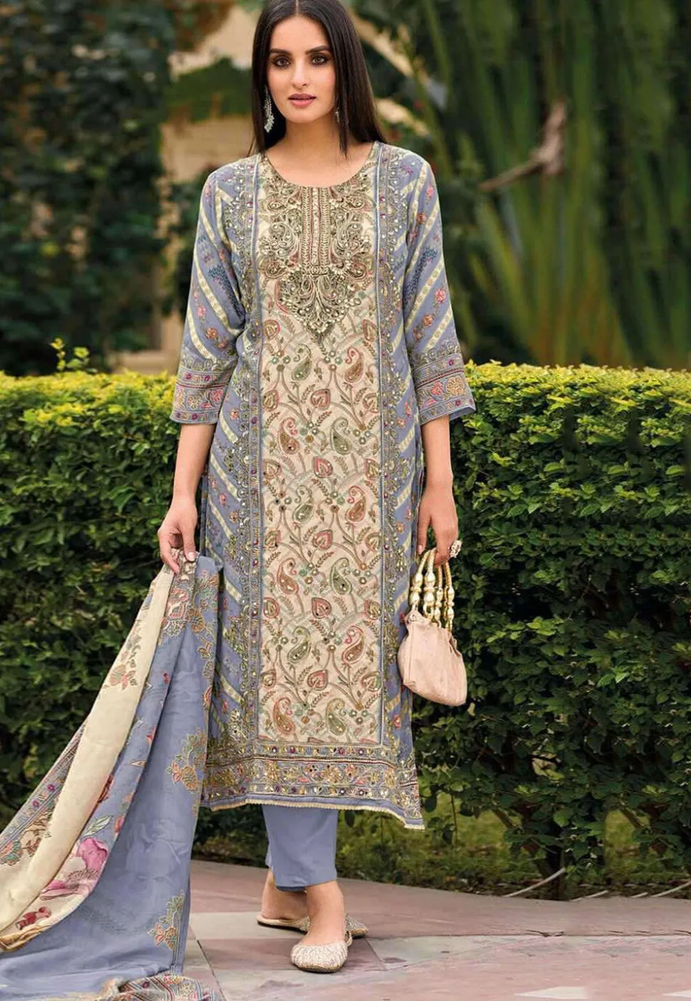 Digital Printed Muslin Silk Pakistani Suit in Beige and Purple