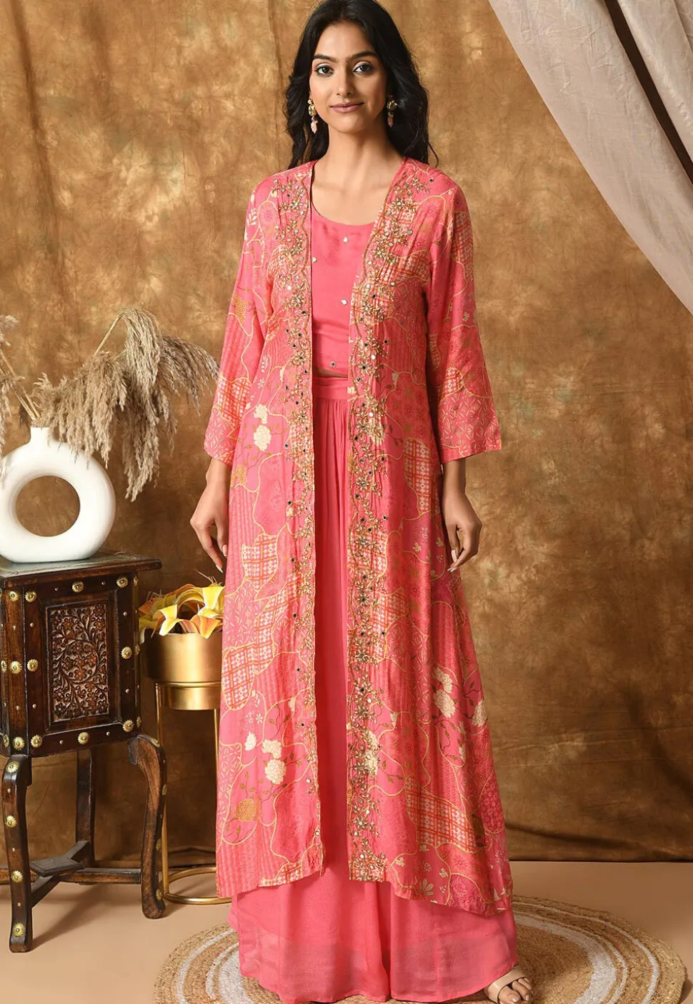 Digital Printed Muslin Silk Crop Top Set in Pink