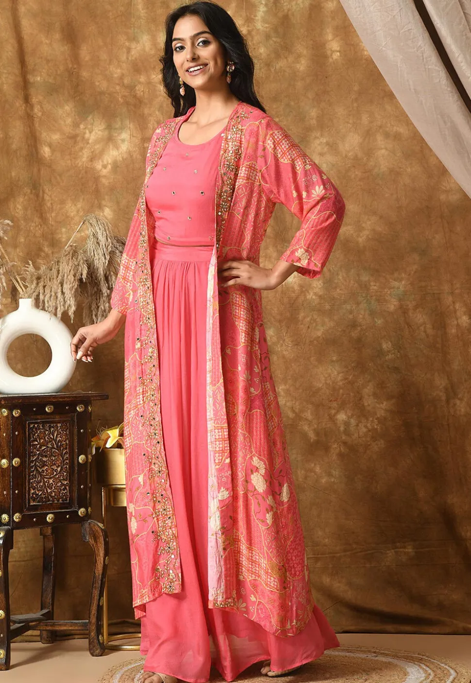Digital Printed Muslin Silk Crop Top Set in Pink