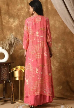 Digital Printed Muslin Silk Crop Top Set in Pink