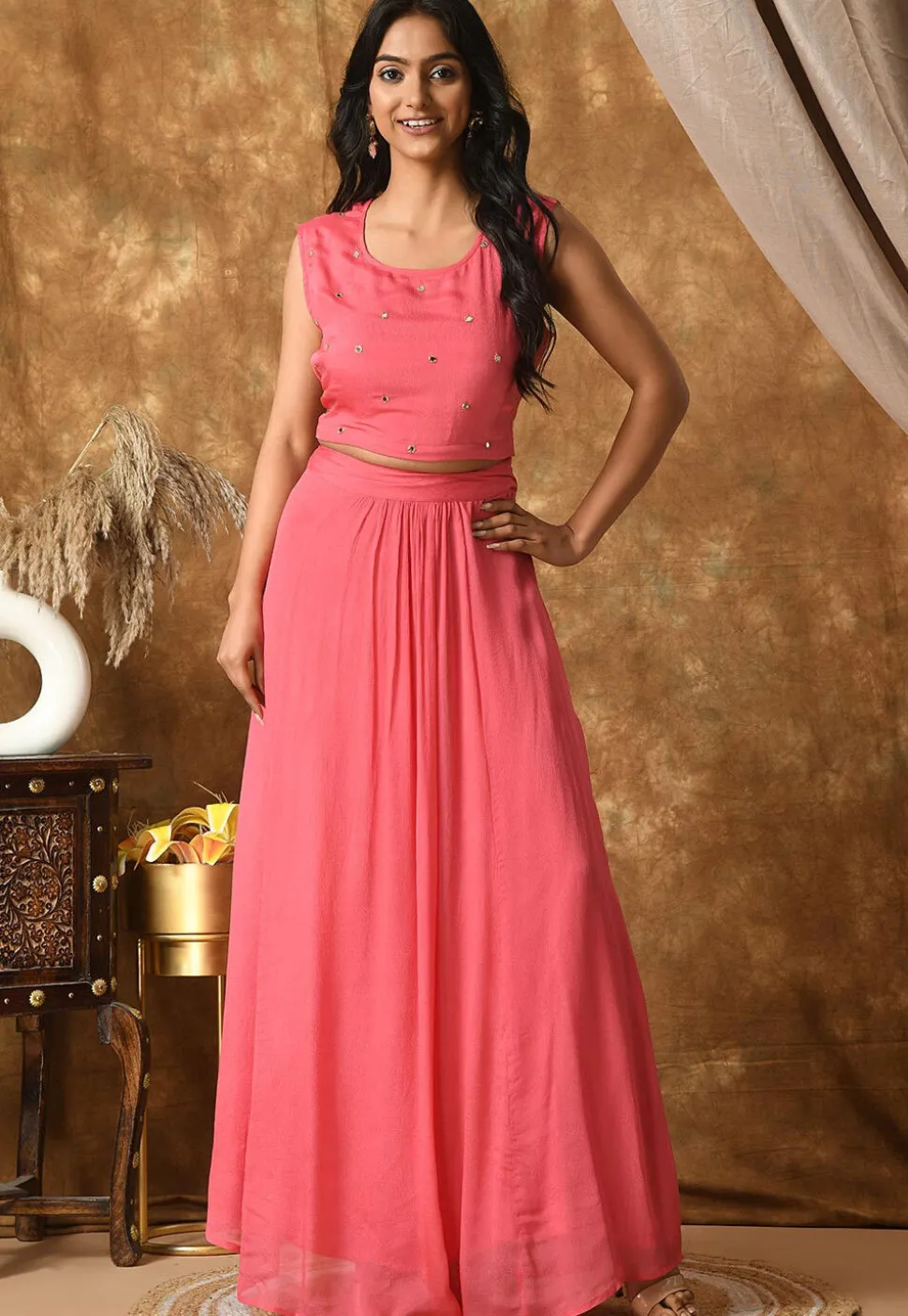 Digital Printed Muslin Silk Crop Top Set in Pink