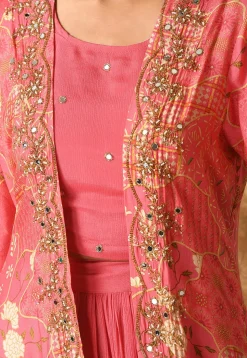 Digital Printed Muslin Silk Crop Top Set in Pink