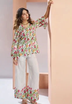 Digital Printed Muslin Silk Top Set in Off White