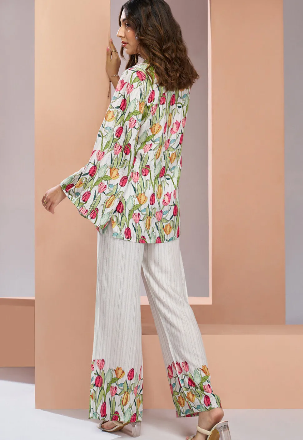 Digital Printed Muslin Silk Top Set in Off White