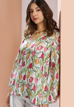Digital Printed Muslin Silk Top Set in Off White