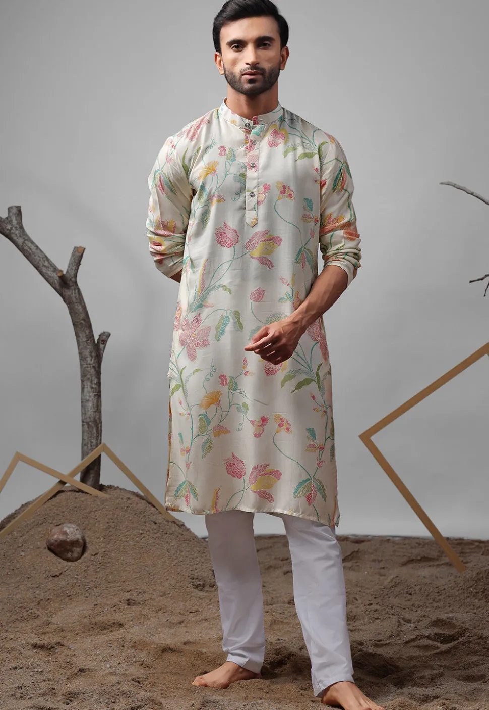 Digital Printed Muslin Silk Kurta Set in Off White