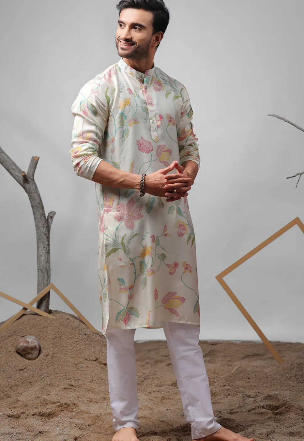 Digital Printed Muslin Silk Kurta Set in Off White