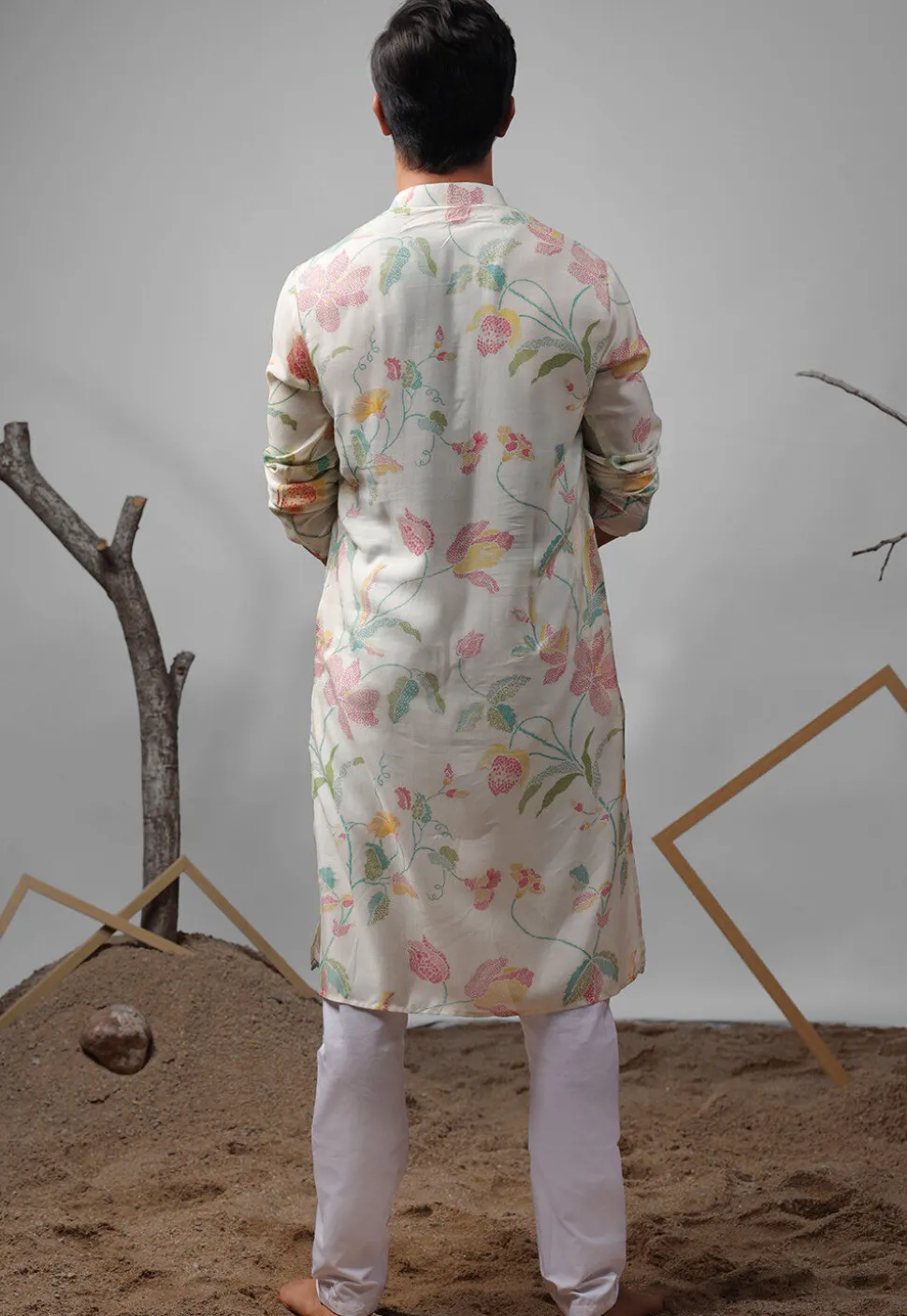 Digital Printed Muslin Silk Kurta Set in Off White