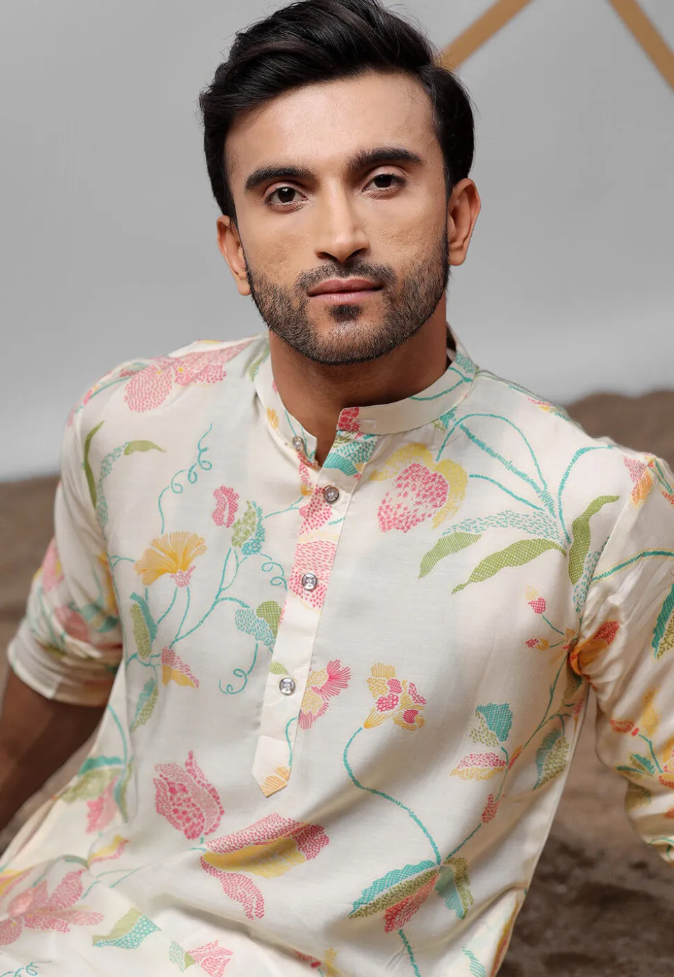 Digital Printed Muslin Silk Kurta Set in Off White