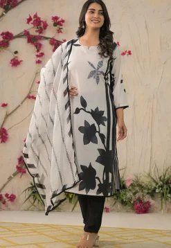 Digital Printed Muslin Silk Pakistani Suit in Off White