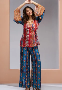 Digital Printed Muslin Silk Wrap Top Set in Red