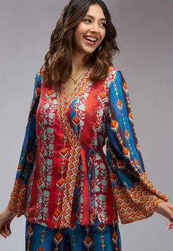 Digital Printed Muslin Silk Wrap Top Set in Red