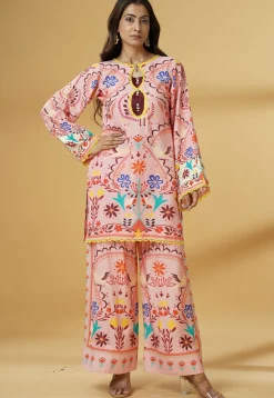 Digital Printed Muslin Silk Straight Kurti Set in Pink