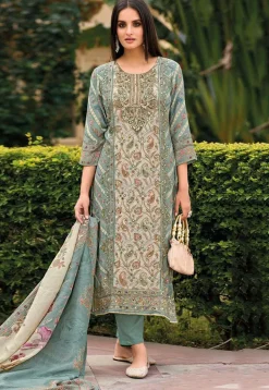 Digital Printed Muslin Silk Pakistani Suit in Beige and Blue