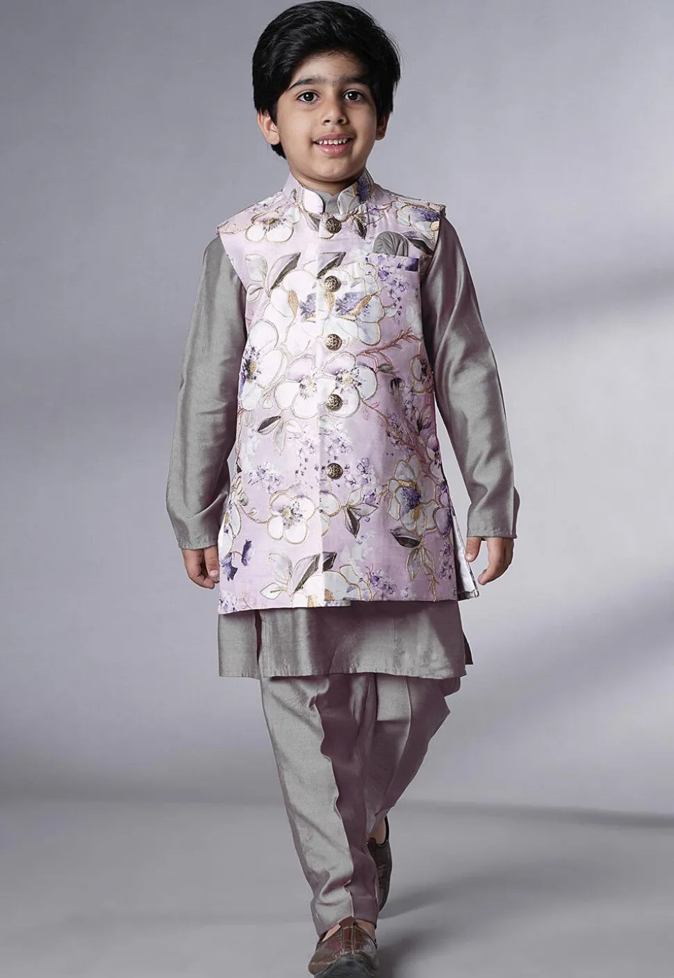Digital Printed Muslin Silk Kurta Set in Grey
