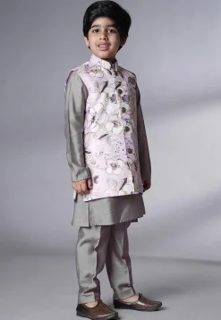 Digital Printed Muslin Silk Kurta Set in Grey