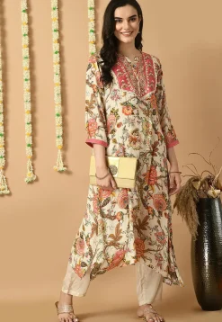 Digital Printed Muslin Silk A Line Kurta Set in Cream