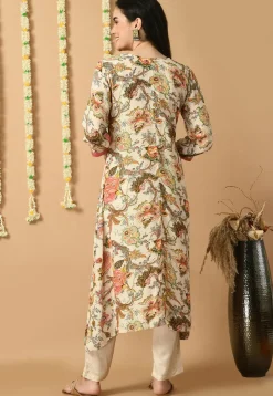 Digital Printed Muslin Silk A Line Kurta Set in Cream