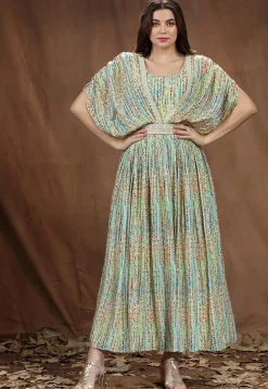 Digital Printed Muslin Silk Long Flared Dress in Multicolor