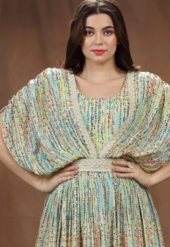 Digital Printed Muslin Silk Long Flared Dress in Multicolor