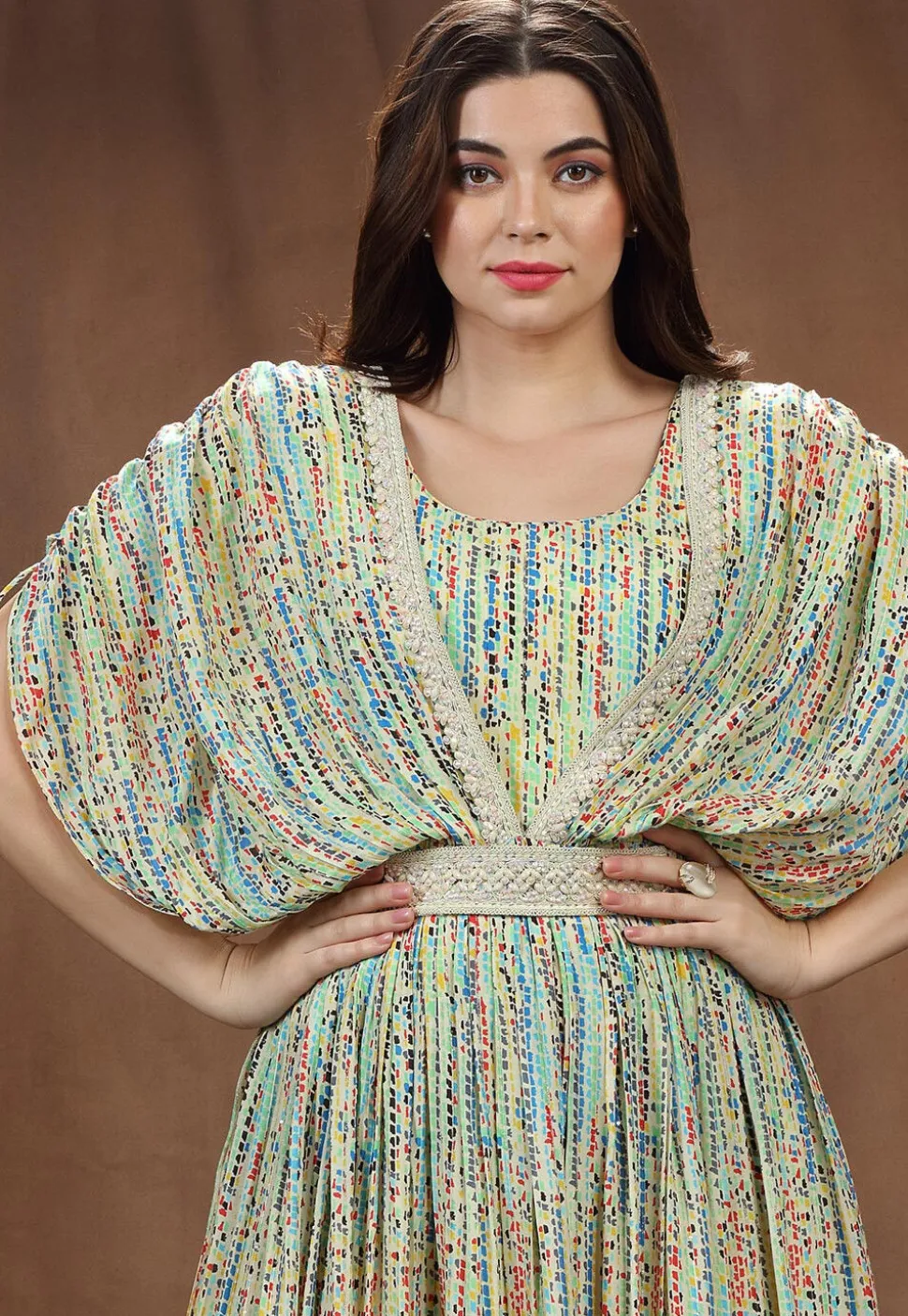 Digital Printed Muslin Silk Long Flared Dress in Multicolor