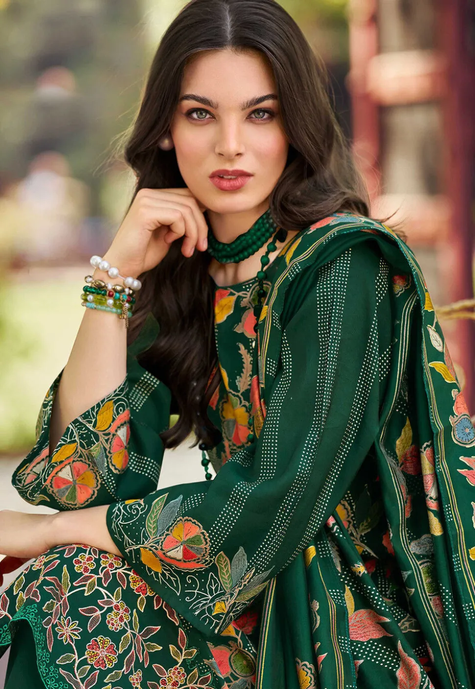 Digital Printed Muslin Silk Pakistani Suit in Dark Green