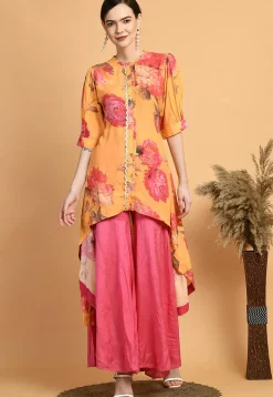 Digital Printed Muslin Silk High Low Kurta Set in Mustard