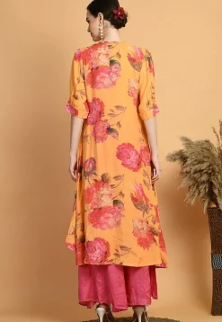 Digital Printed Muslin Silk High Low Kurta Set in Mustard
