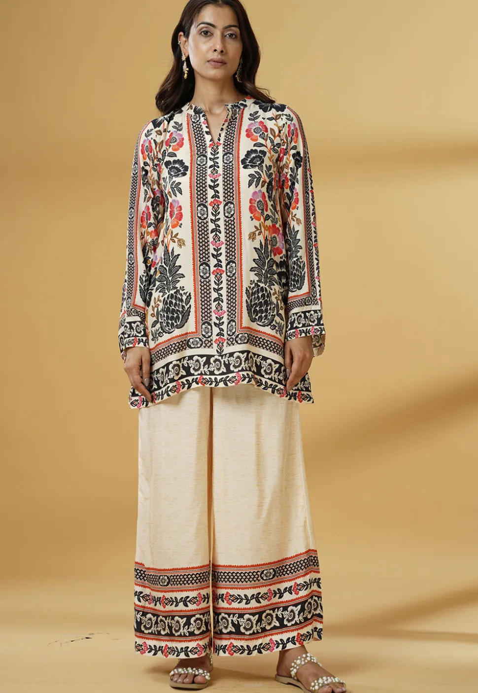 Digital Printed Muslin Silk A Line Kurti Set in Cream