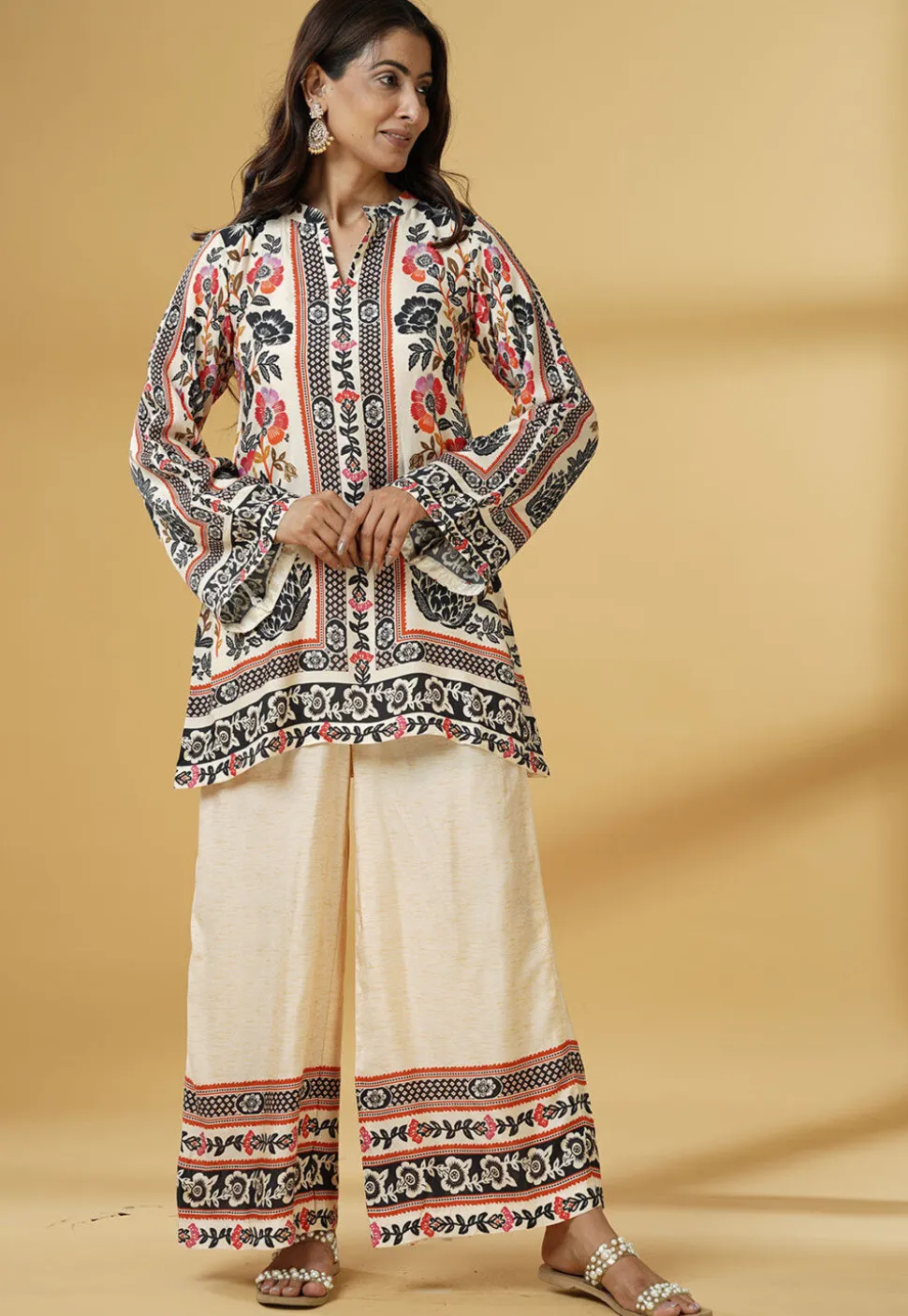 Digital Printed Muslin Silk A Line Kurti Set in Cream